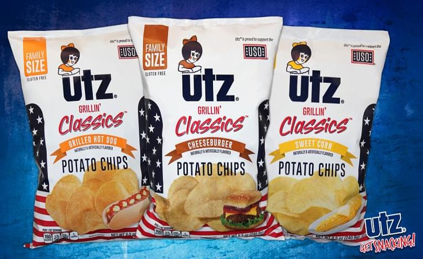 The New limited-time only All-American Utz Grillin' Classic Potato Chips are available in three flavors: Cheeseburger, Grilled-Hot Dog and Sweet Corn.