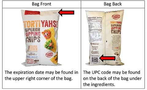 An example of reading the expiration dates and UPC code: the expiration date may be found in the upper right corner of the bag (left); The UPC code may be found on the back of the bag under the ingredients (right). An example of reading the expiration dates and UPC code: the expiration date may be found in the upper right corner of the bag (left); The UPC code may be found on the back of the bag under the ingredients (right).
