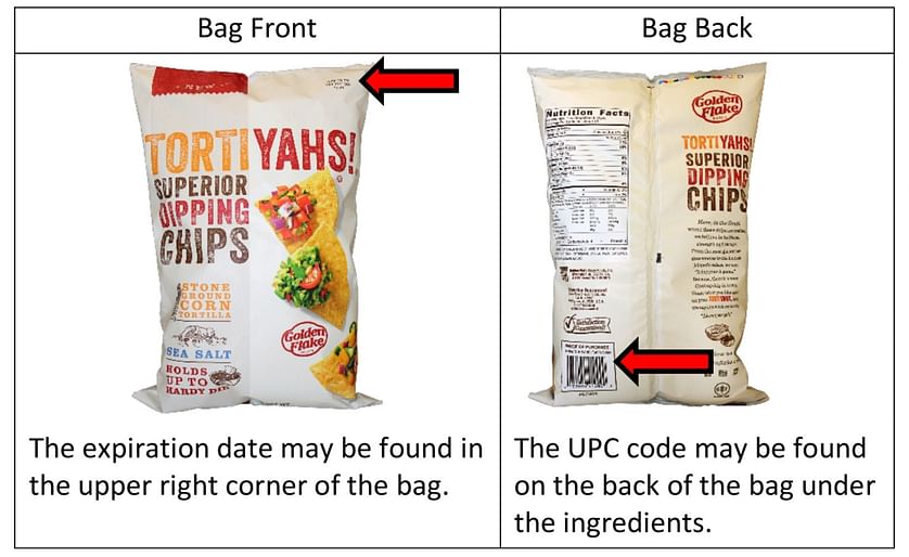 An example of reading the expiration dates and UPC code: the expiration date may be found in the upper right corner of the bag (left); The UPC code may be found on the back of the bag under the ingredients (right). 