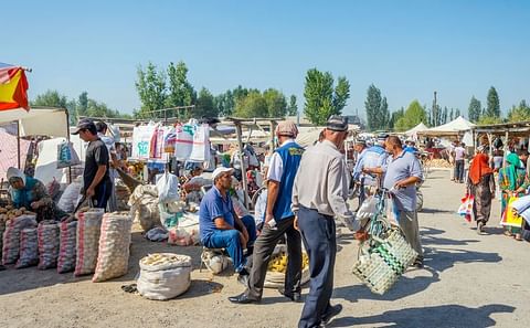 Potatoes for sale on an open air vegetables market at the Kumtepa bazaar in Margilan, Uzbekistan in August 2016.