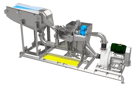 The Vanmark Hydrocutter Skid System pumps product in water through a fixed array of stainless steel cutting blades, resulting in clean cuts in a variety of patterns. The Vanmark Hydrocutter Skid System pumps product in water through a fixed array of stainless steel cutting blades, resulting in clean cuts in a variety of patterns.