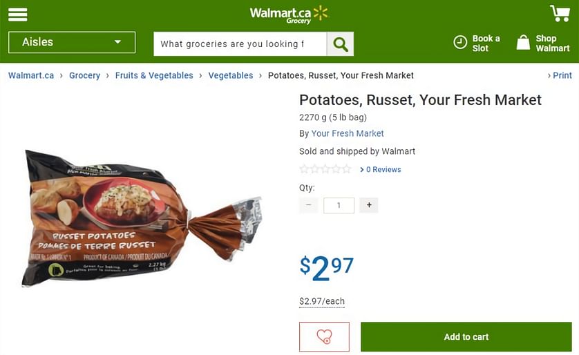 One of the findings in the new Brick Meets Click Grocery Ecommerce Supermarket Scorecard Report is that 85% of online transactions include produce. Shown above is an online offer for packed potatoes at Walmart.ca