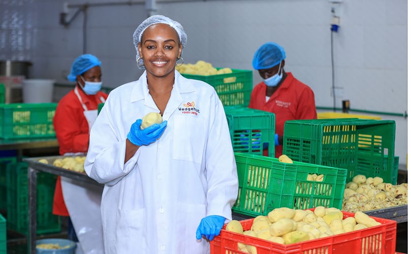 Wedgehut Foods founder Wanjiru Mambo at the company processing facility in Nairobi, where potatoes sourced from Kenyan farmers are peeled and prepared for the fresh-cut fries market Wedgehut Foods founder Wanjiru Mambo at the company processing facility in Nairobi, where potatoes sourced from Kenyan farmers are peeled and prepared for the fresh-cut fries market