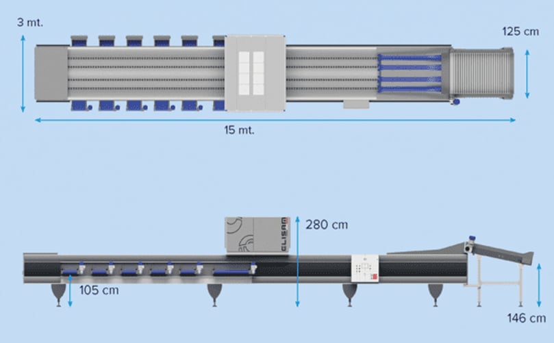 The Elisam CombiGrader combines potato and onion grading in a compact, four-lane system measuring 15 meters in length, designed to deliver up to 15 tonnes per hour. The Elisam CombiGrader combines potato and onion grading in a compact, four-lane system measuring 15 meters in length, designed to deliver up to 15 tonnes per hour.