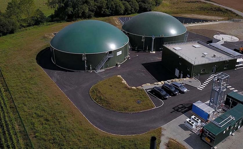 Aerial view of the WELTEC biogas plant at ALTHO, a French manufacturer of potato chips in St. Gérand, Brittany.