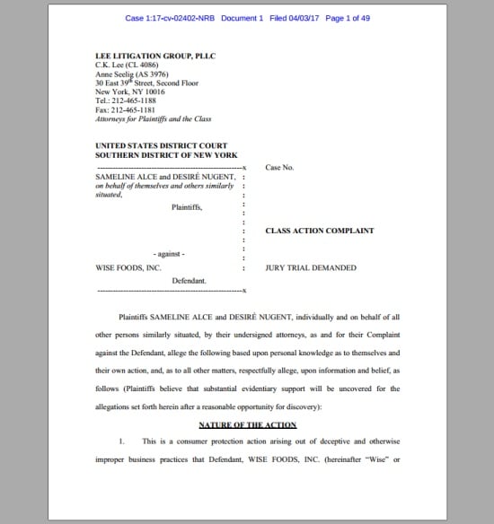 Class Action Complaint against Wise Foods Inc.
