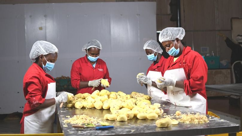 Workers peel potatoes at Wedgehut Company in Ruiru. Courtesy:POOL
