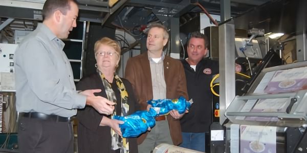  John Griffin, left, and Peter Griffin, right, show new potato weighing and bagging equipment at WP Griffin Inc. to Fisheries and Oceans Canada minister Gail Shea and P.E.I. Tourism and Culture Minister Robert Henderson.